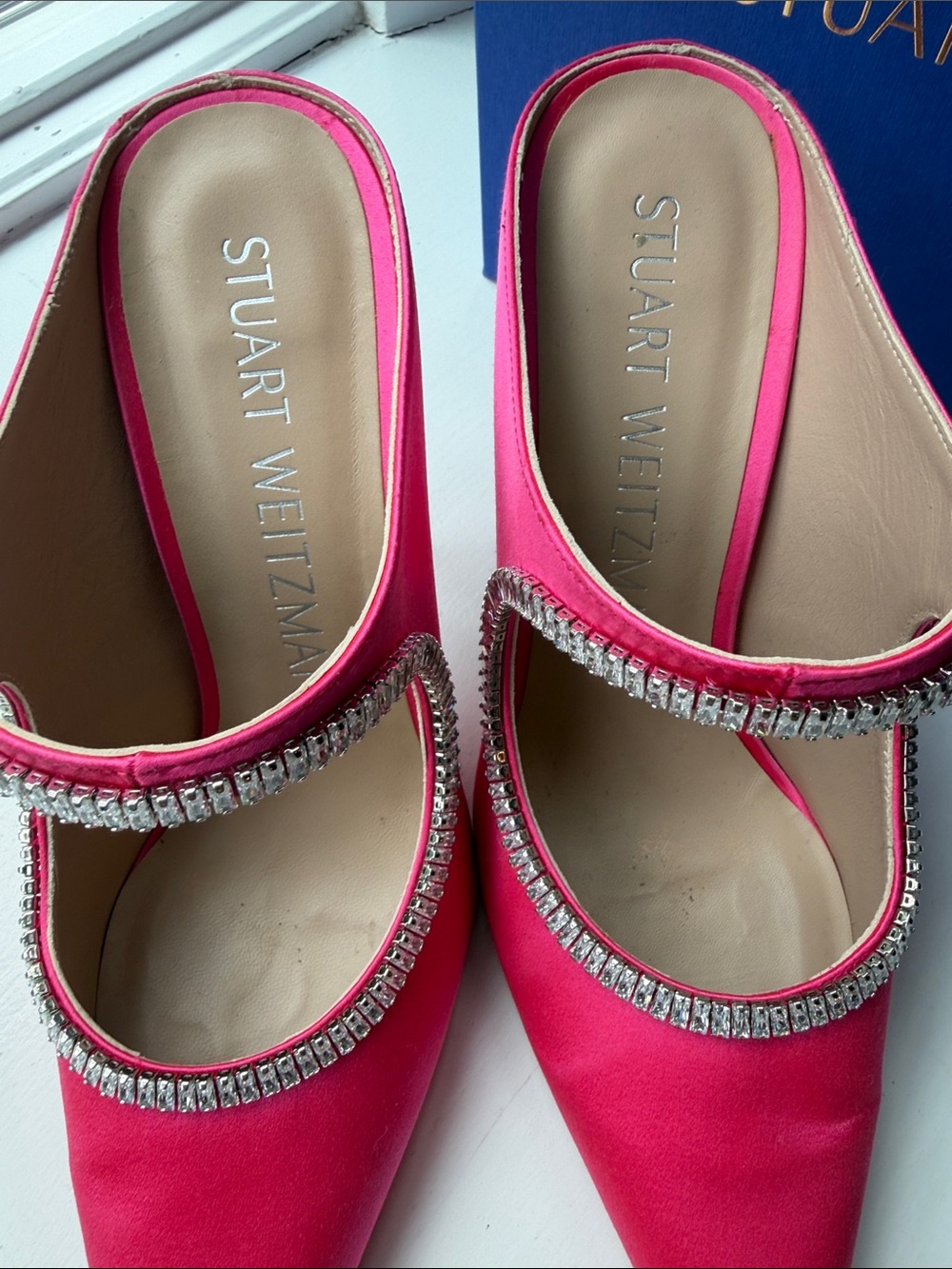 Stuart Weitzman Magenta Curve Satin Crystal-Trim Pointed-Toe Heels - Picture 8 of 13
